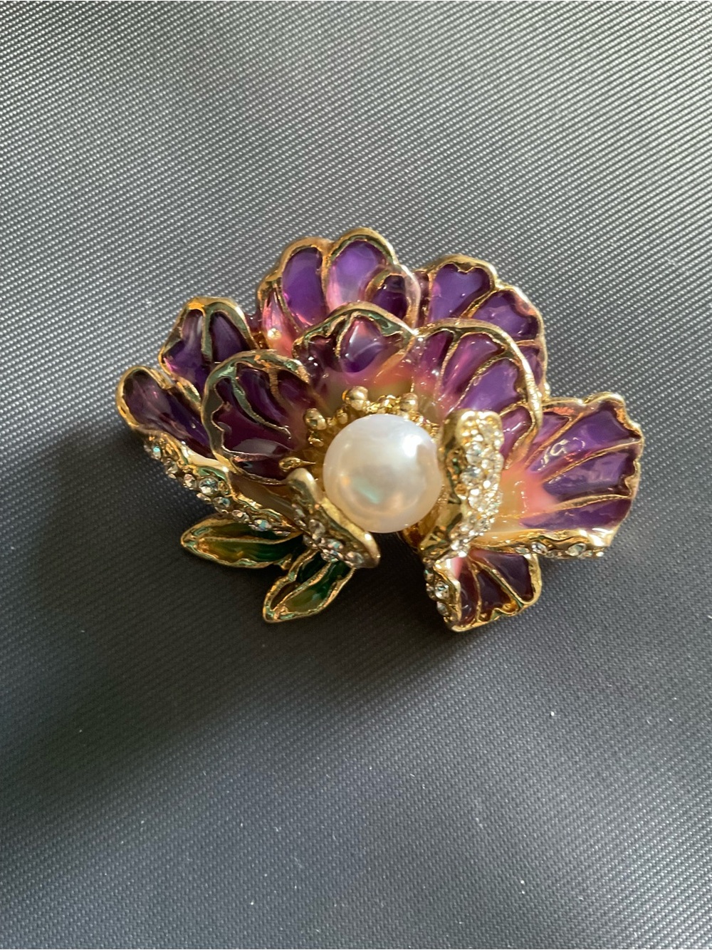 Gold-Tone Purple Flower Brooch with Faux Pearl and Crystal Accents
